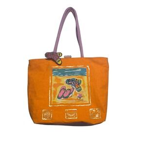 Anne Ormsby Surviving Stress Orange‎ Canvas Beach Tote Bag Striped Flip Flops